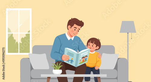 Father Reading a Storybook to His Young Son on a Couch at Home, Family Bonding and Literacy Concept Illustration
