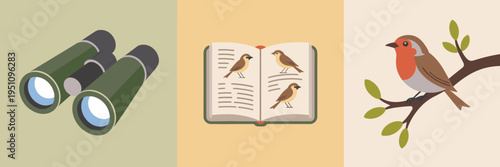 Soft natural spring birdwatching icon collection – Suitable for outdoor recreation ads, wildlife observation, or nature apps.