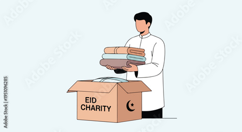 Man in white robe donates folded clothes into a box for eid charity