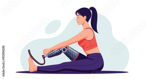 Woman with prosthetic leg exercising on yoga mat