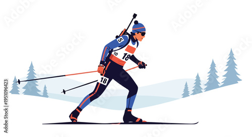 A stylized illustration depicts a biathlete in motion on a snowy landscape