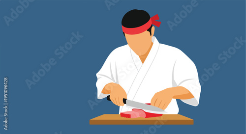 A person in a white uniform and red headband slices raw meat