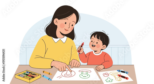 Mother and Child Drawing Together with Crayons Flat Illustration - Preschool Education, Parenting, and Early Childhood Development Concept for Creative Learning
