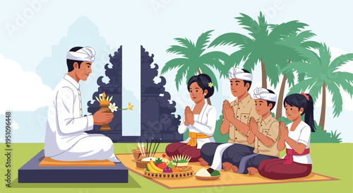 A family participates in a Balinese religious ceremony outdoors