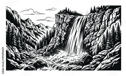 Majestic waterfall cascading down rocky cliff face into turbulent river below