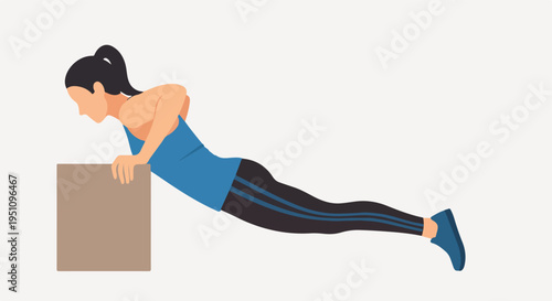 A woman performs an elevated push-up on a box, exercising her body