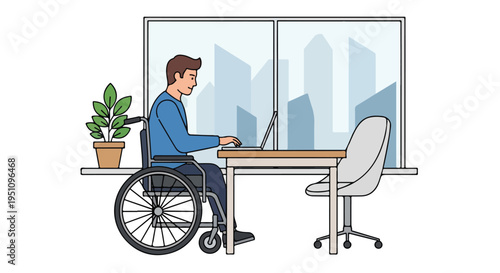 Person in wheelchair works on laptop at office desk with city view