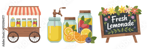 Charming market juice cart with fruit – Suitable for seasonal fair ads, street food branding, or beverage shop identity.