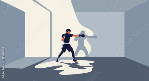 Boxer in a spotlight practicing punches in a minimalist room