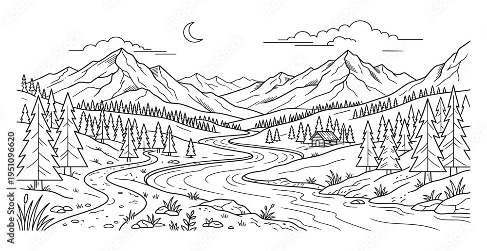 Fototapeta premium Mountain valley river with cabin, pine trees, and crescent moon, serene landscape