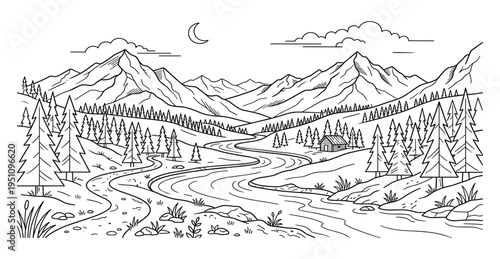 Mountain valley river with cabin, pine trees, and crescent moon, serene landscape