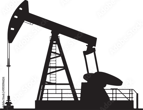 Black and white silhouette of an old-fashioned oil pump jack in operation