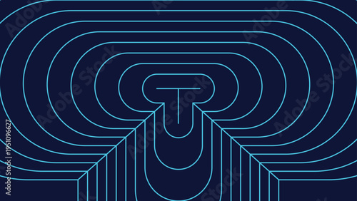 A 3d vector illustration of a metal satellite radio antenna design featuring a circular spiral pattern and curved technology lines forming a blue architecture. T letter line art neon style.