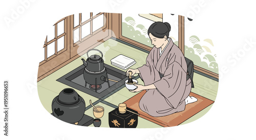 Woman in traditional kimono preparing matcha tea in a serene Japanese room