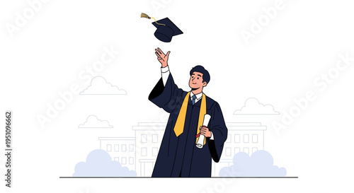 Male Graduate Student Throwing Graduation Cap in the Air, Happy Young Man in Academic Gown Holding Diploma, University Graduation Ceremony Illustration
