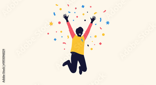 Happy Person Jumping for Joy with Colorful Confetti Illustration, Symbol of Success, Achievement, and Celebration