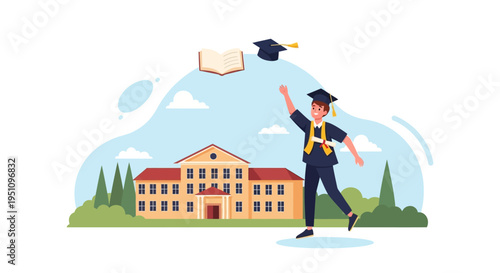 Happy Male Graduate Throwing Cap and Book in Front of University Building Graduation Ceremony Concept Flat Illustration