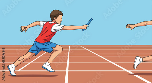 A runner passes a baton on a track during a race, symbolizing teamwork and competition