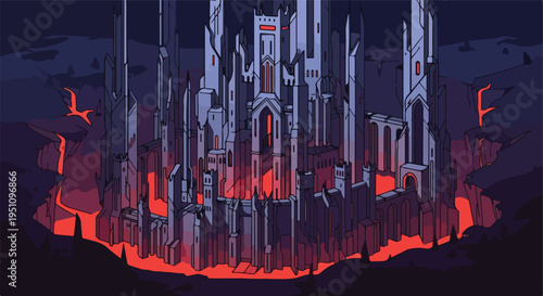 Futuristic gothic castle with glowing lava rivers and dark, jagged mountains
