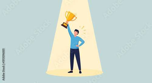 Successful Businessman Holding Gold Trophy Cup in Spotlight: Achievement, Winning, and Career Success Vector Illustration