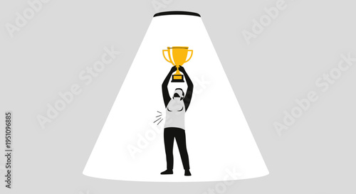 Minimalist Illustration of a Winner Holding a Golden Trophy in a Spotlight for Victory and Success Concept