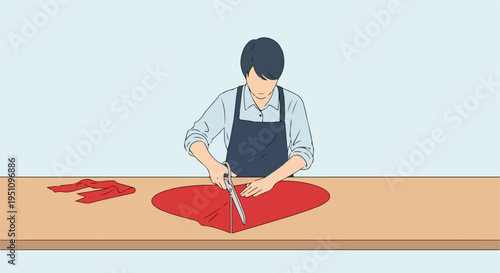 Person in an apron cutting a red fabric shaped like a heart with scissors
