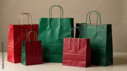 Red and green paper bag templates. Bags vary in size and color. On a neutral background.