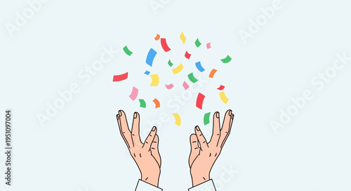 Minimalist Vector Illustration of Hands Catching Colorful Confetti - Concept of Celebration, Success, and Achievement for Festive Events and Business Milestones