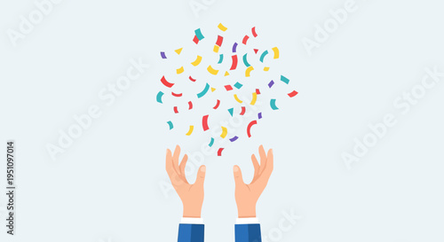 Minimalist Vector Illustration of Hands Reaching for Falling Colorful Confetti - Concept of Business Success, Celebration, and Achievement