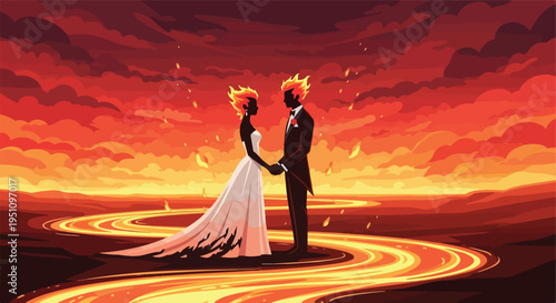 A couple with fiery hair stands in lava rivers under a dramatic, fiery sky