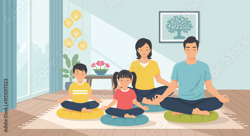 A family of four meditates together in a living room, practicing yoga on cushions