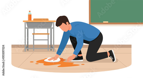 A student cleans up a spilled drink on the classroom floor with a cloth