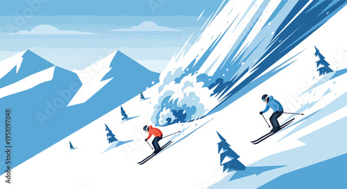 Skiers navigate a snow-covered mountain slope amidst a dramatic avalanche