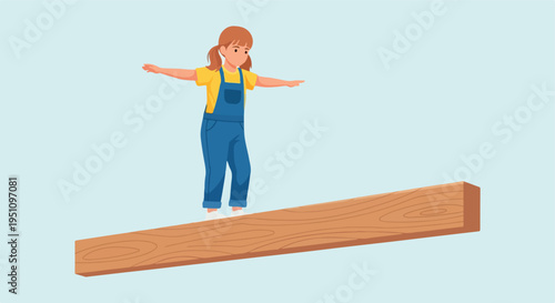 A young girl in denim overalls and a yellow shirt balances on a wooden beam