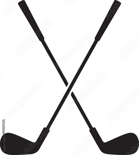 Two crossed golf clubs with black silhouettes against a white background