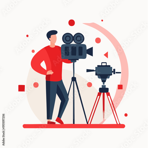 Professional Videographer Operating Vintage Film Camera on Set for Creative Content Production Illustration