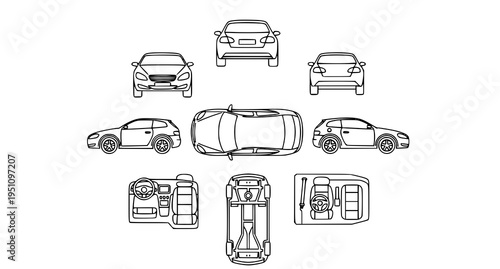 Minimal car view outline icons set showing front back side top underside and interior vehicle perspectives