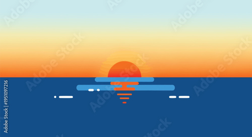 Vector sunset over ocean with abstract waves