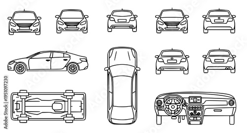Car linear icons set with vehicle views front rear side top bottom and interior editable stroke vector collection