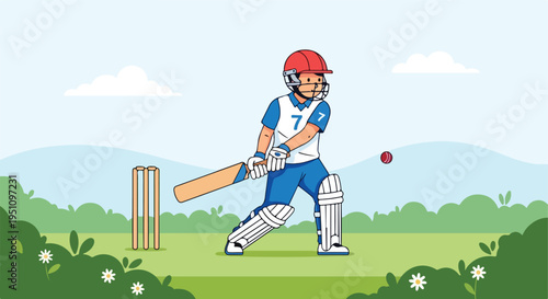 A young person in a cricket uniform with a helmet and bat is ready to play a match