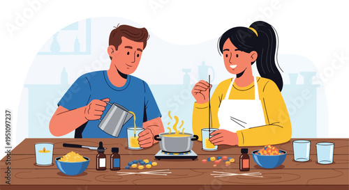 Couple making candles together, pouring liquid into jars and adding wax