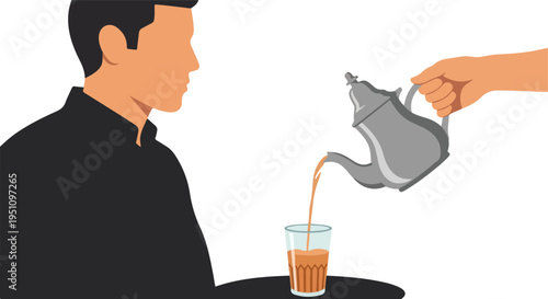 A person in profile receives a drink poured from a teapot held by a hand