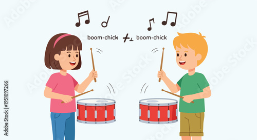 Two children happily playing drums with musical notes above them