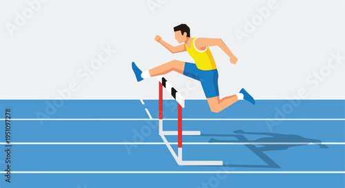 A stylized illustration depicts a male athlete in mid-air, leaping over a hurdle on a blue track
