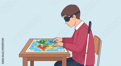Person wearing eye mask and using a tactile map with a white cane beside them