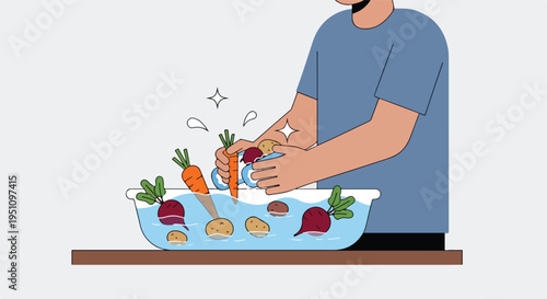 Person washing fresh root vegetables like carrots and potatoes in water