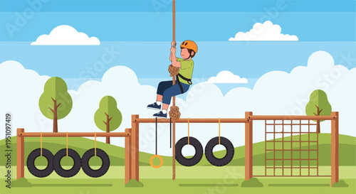 Young child in safety gear navigates an obstacle course with ropes and tires