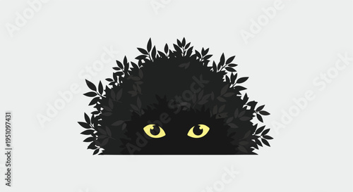 Hidden creature with bright yellow eyes peeking from behind dark leaves