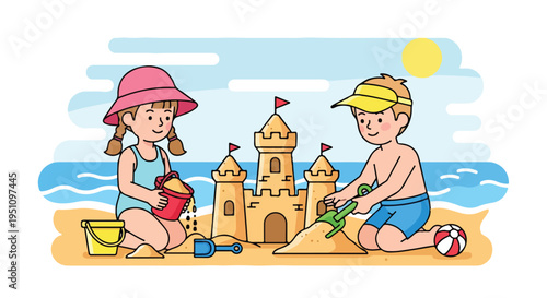 Two children build a sandcastle by the sea with a bright sun overhead