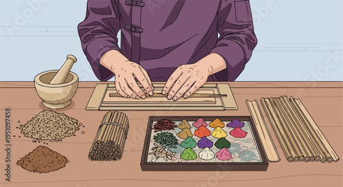 Hands crafting with colorful powders and dried herbs, preparing traditional items